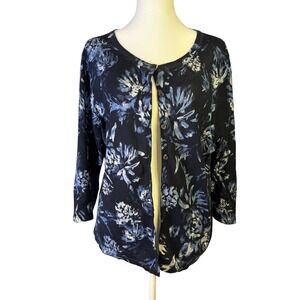 Garnet Hill XL Navy Blue Floral Merino Wool Cardigan Button Front Long Sleeve